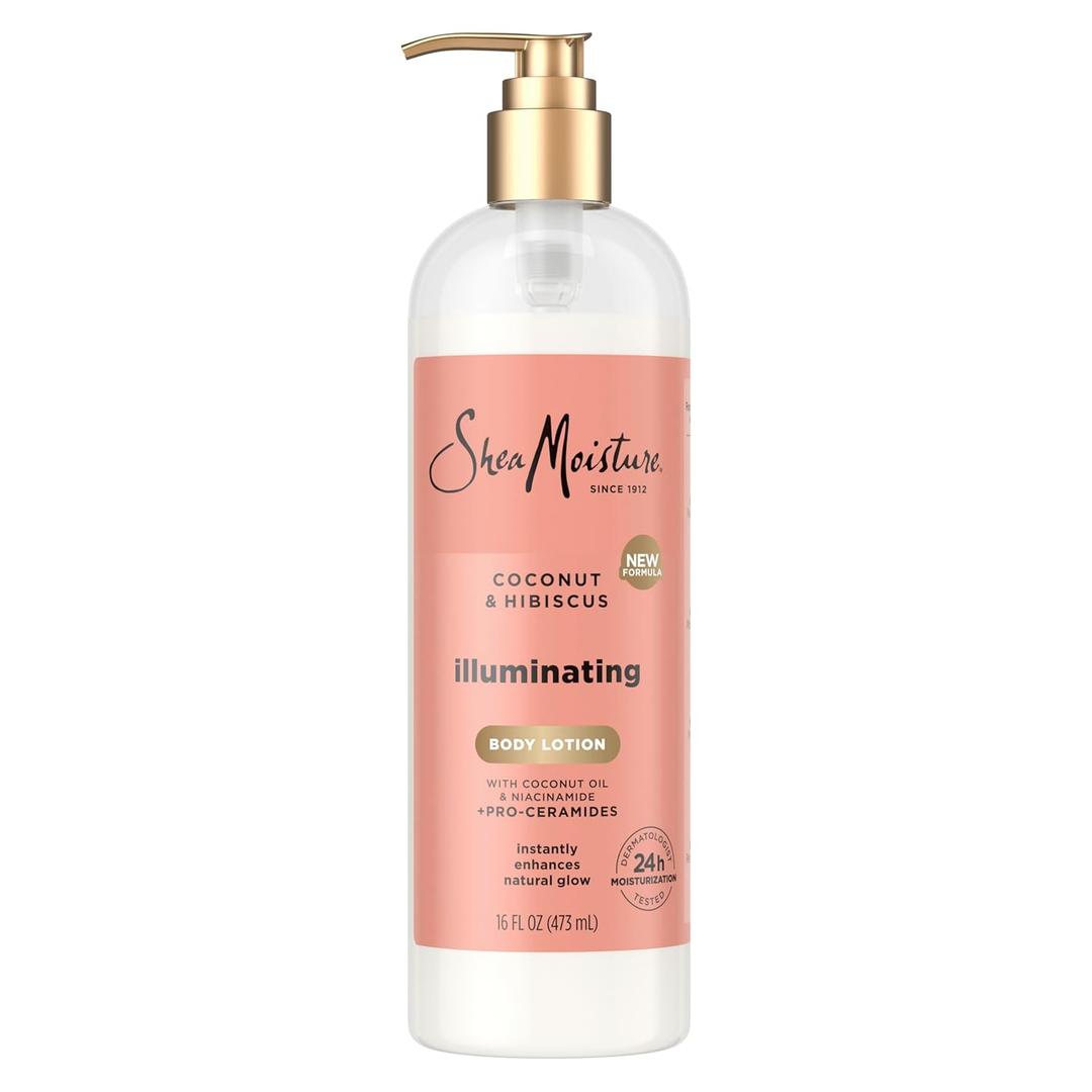 SheaMoisture Illuminating Body Lotion with Coconut Oil, Hibiscus, Niacinamide and ProCeramides, Instantly Enhancing Skin's Natural Glow, 24H Moisturizing 16 oz