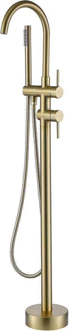 Taplong Brushed Gold Free Standing Tub Faucet Freestanding Bathtub Faucet with Handheld Sprayer, Floor Mount Tub Filler, Shower Tub Faucet Set Complete, Bathtub Faucet with Shower-51005BG