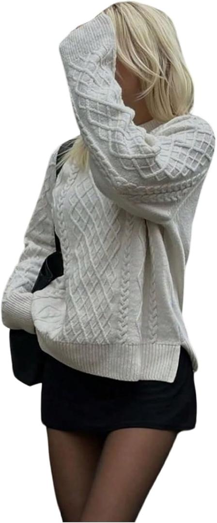 RoseSeek Women's Cable Knit Sweater Crew Neck Long Sleeve Loose Pullover Jumpers (White, S)