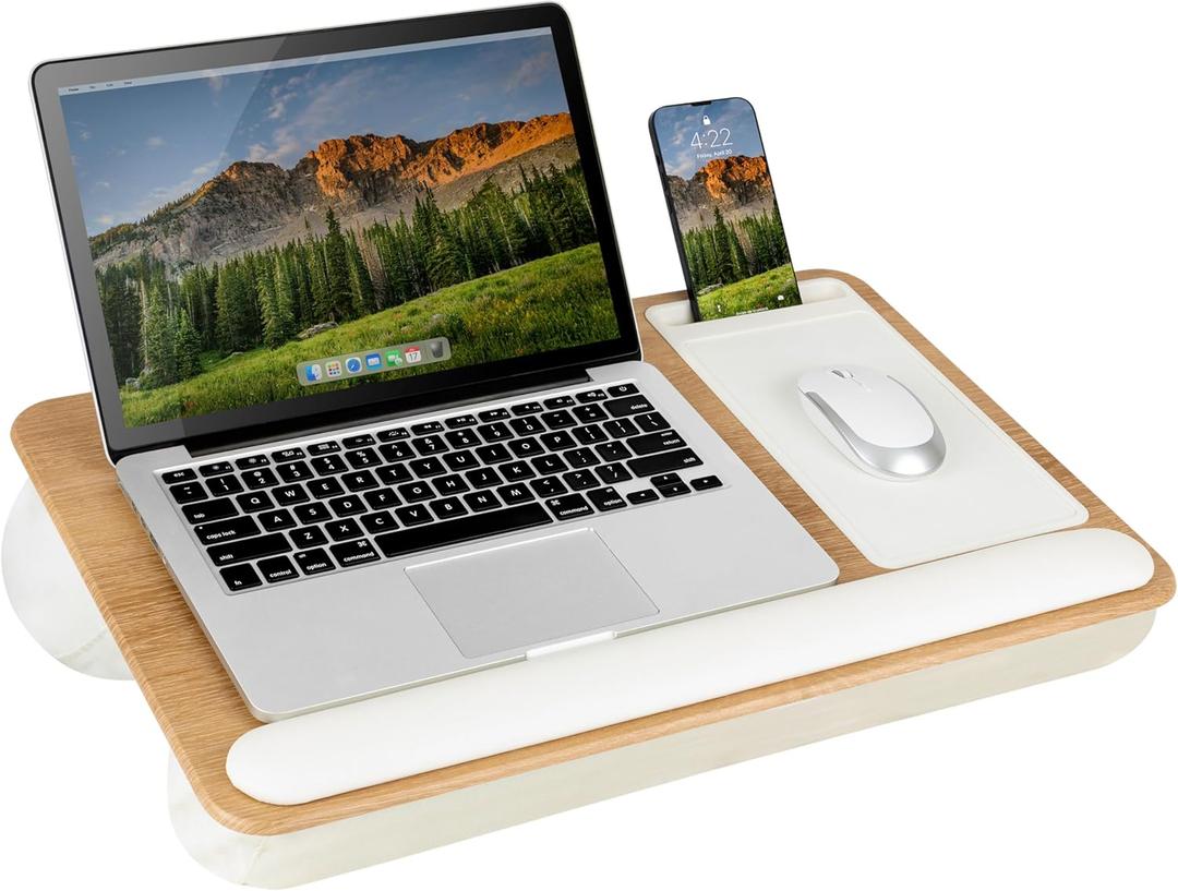 LAPGEAR Home Office Pro Lap Desk with Wrist Rest, Mouse Pad, and Phone Holder - White Oak Woodgrain - Fits up to 15.6 Inch Laptops - Style No. 91609