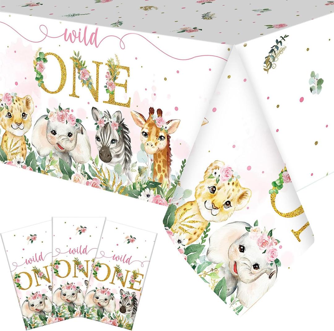 Newwiee 3 Pack Wild One Safari Birthday Tablecloths - Jungle Theme Supplies, Animal Table Cover for 1st Baby Birthday Decorations (Pink)