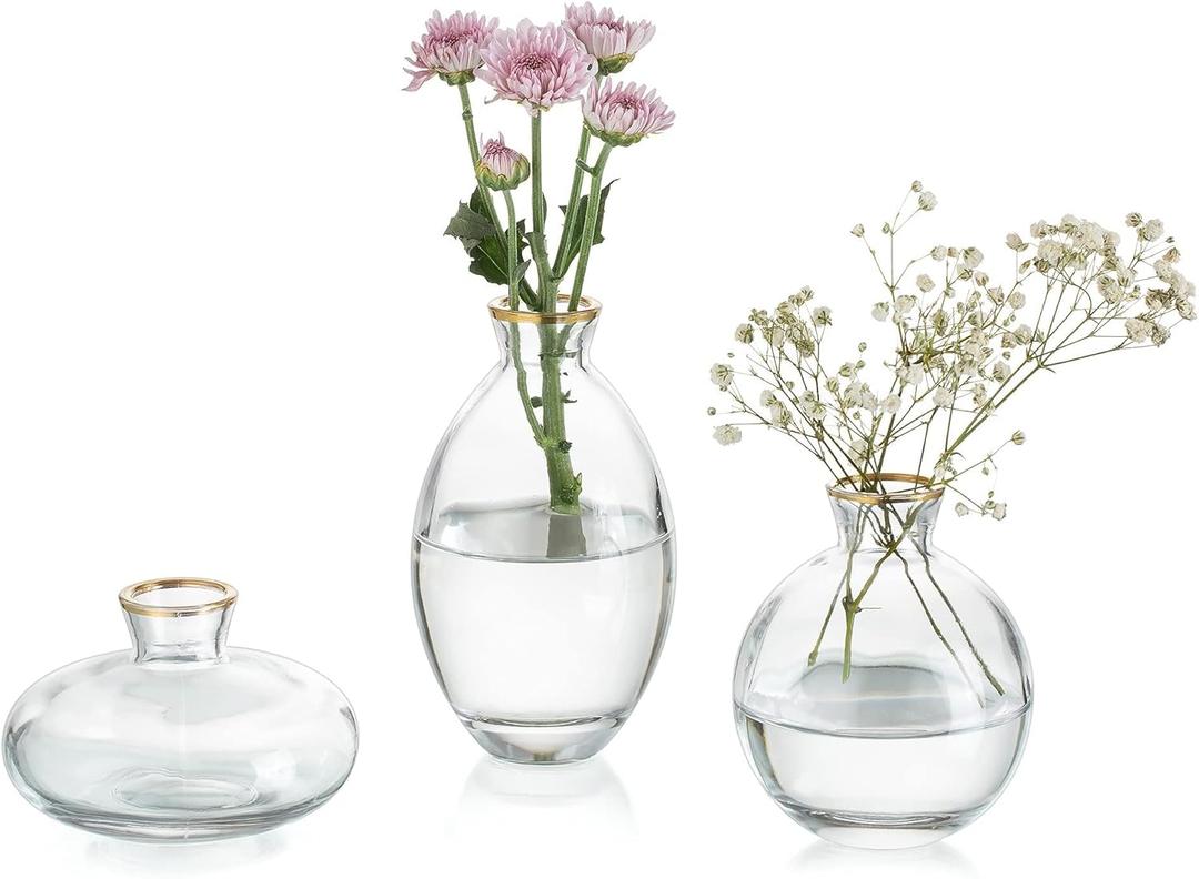 Bud Vases 3Pcs/Set Small Vases Handmade Cute Gold Rim Small Vases for Flowers Centerpieces Glass Vases Mini Vase Home Decor Centerpieces, Events Table Decor ( missing 2pc)