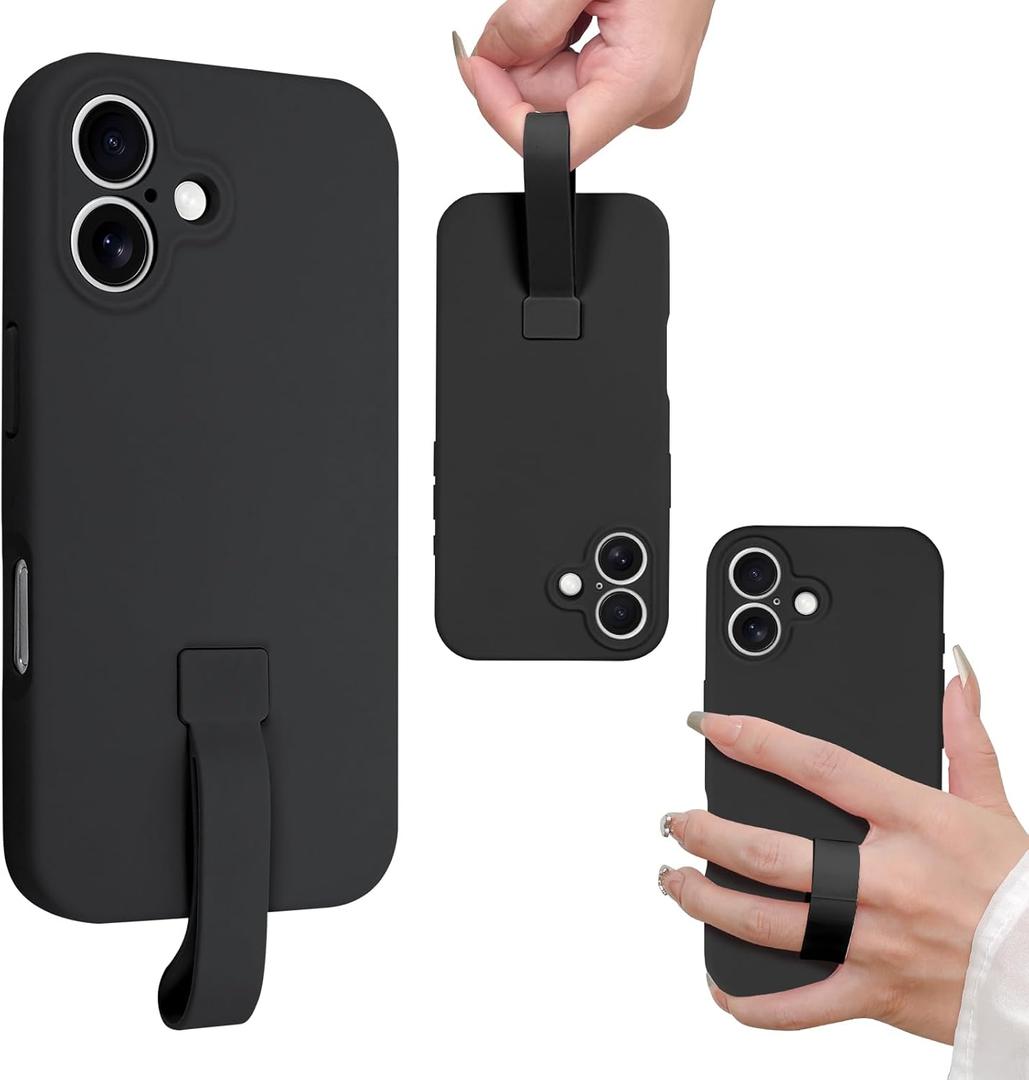 SOKAD for iPhone 16 Case with Finger Strap, Slim Liquid Silicone Rubber 3 Layers Phone Case with Finger Grip for Women Men, Full Camera Protection Shockproof Case Cover, Black