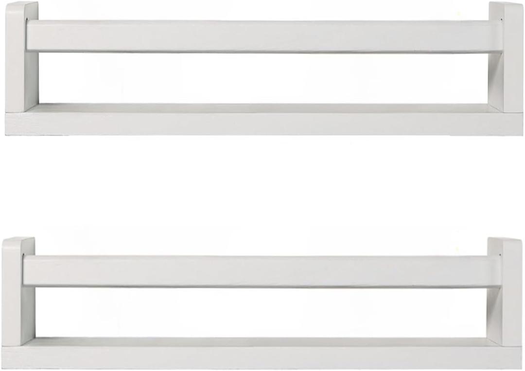 Nursery Book Shelves | Set of 2 Wood Floating Shelves for Kids Room, Kitchen Spice Rack, or Rustic Wall Mounted | Farmhouse Bathroom Dcor (White)