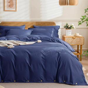 JELLYMONI Cotton Duvet Cover Twin Size - Navy Blue Comforter Cover with Button 100% Washed Cotton 2PCS Breathable Soft Solid Bedding Set Duvet Cover 6890in & 1 Pillowcase (NO Comforter)