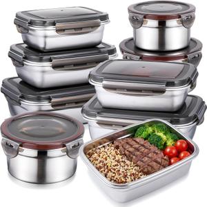 8 Pcs 304 Stainless Steel Food Storage Containers with Lids Leakproof, Reusable Airtight Meal Preparation Container Round and Square Stackable Food Container for Kitchen Picnic(Black Lids)