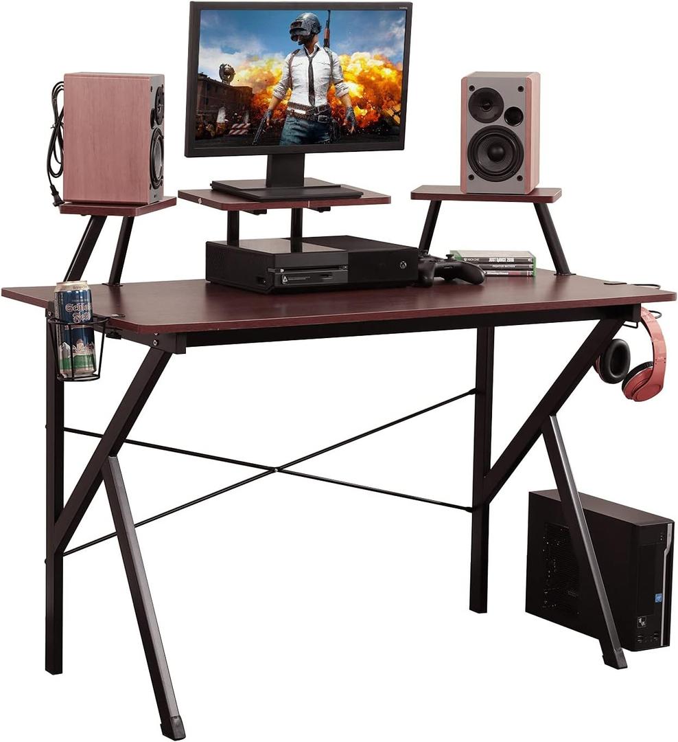 DlandHome Gaming Desk 47 inches Studio Desk w/Adjustable Display Speaker Stand and Headphone Gamepad Holder Multifunction Computer Desk/Gaming Table, Walnut YX001-WB 