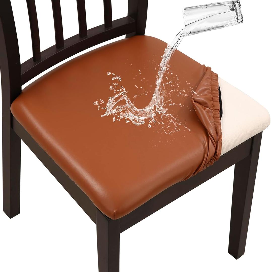 YISUN Chair Seat Covers Set of 4, Pu Leather Waterproof Dining Room Chair Covers, Stretch Chair Cover for Dining Room Chair Protector Slipcover for Kitchen, Hotel (Pu Light Brown, 4)