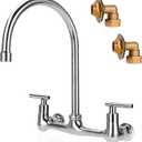 Wall Mount Kitchen Faucet with 8" Gooseneck Swivel Spout, 8 Inch Center Commercial Kitchen Sink Faucet 2 Handle Wall Mount Utility Sink Faucet for Kitchen Restaurant Compartment Sink