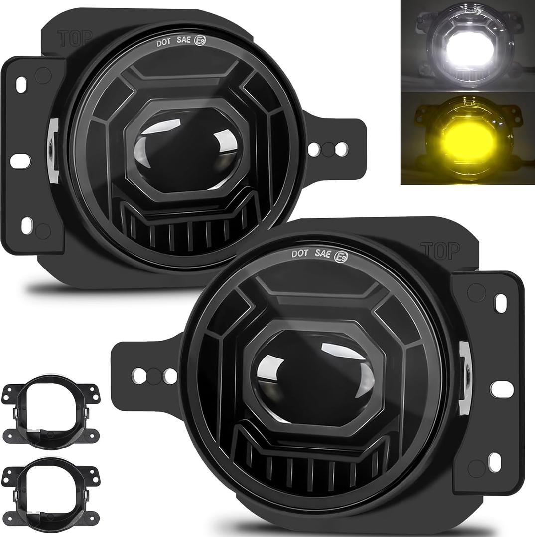 4 Inch Round LED Fog Lights for 2018-2025 Jeep Wrangler JL JLU & Jeep Gladiator JT, 60W White Amber Fog Lamps with 2 Pair Mounting Brackets, Front Bumper Off-road Fog Light for Jeep Accessories, for Jeep JL & JT (White+Yellow)