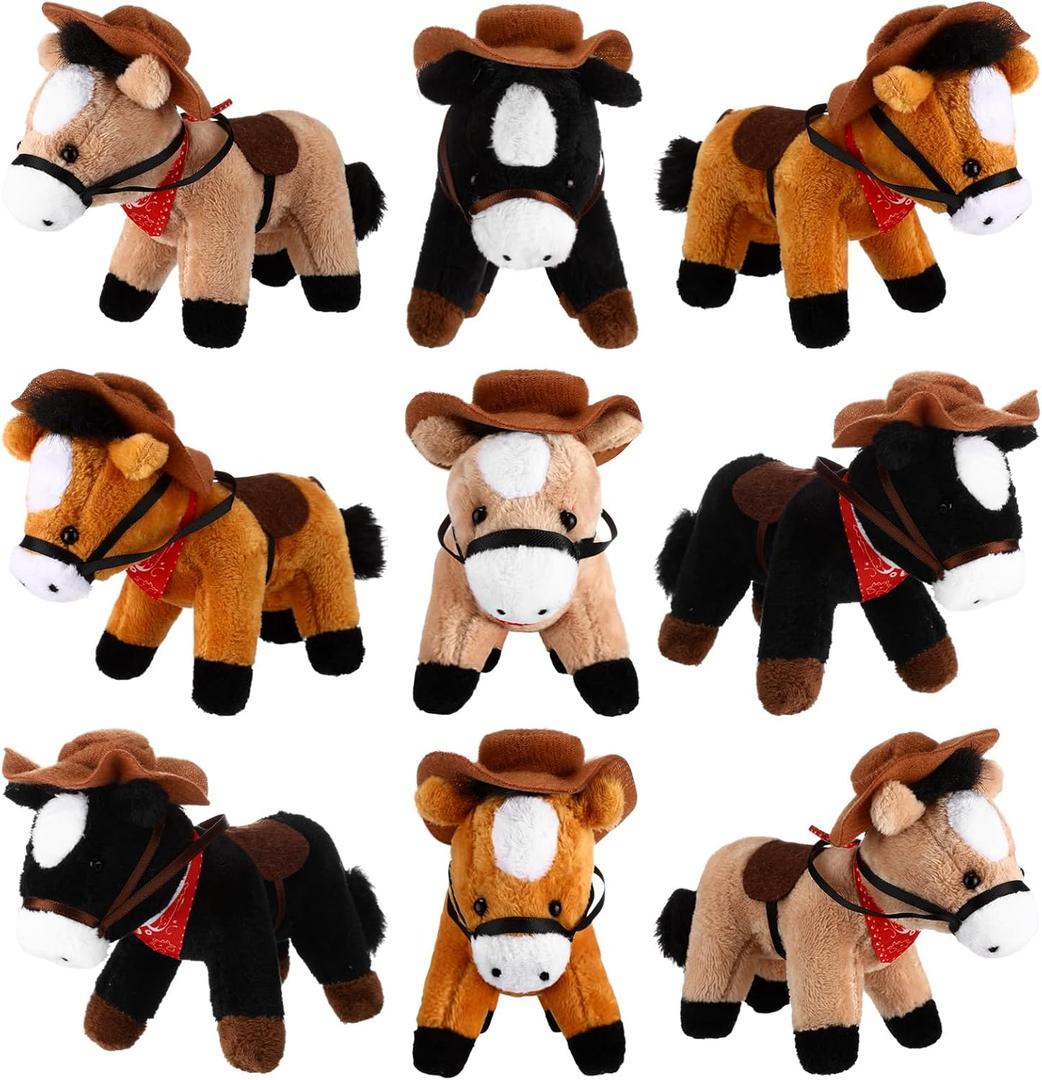 9 Pack Horse Stuffed Animals 4 Inch Mini Plush Toy Standing Plush Horse with Cowboy Hat and Bandana Detachable Chain for Animal Theme Birthday Christmas Party Decor Supplies(Dark Colors) (Light Brown, Dark Brown, Black)