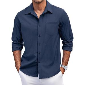 COOFANDY Men's Casual Button Down Shirts Long Sleeve Untucked Shirts Regular Fit Linen Shirt, XXL, Navy Blue