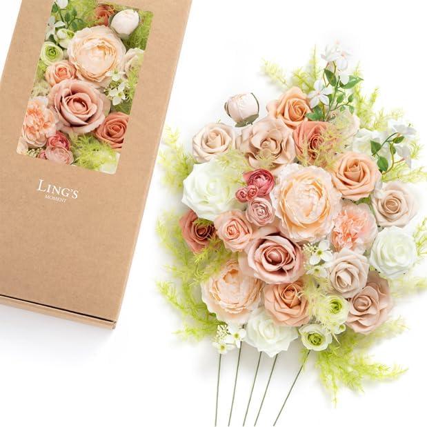 Ling's moment Fake Flowers Box, Faux Artificial Greenery Stems Foam Roses Silk Peony Ranunculus Fabic Flower for Centerpieces Bouquet Wedding Vase Floral Decorations, Garden Blush, Deluxe Combo