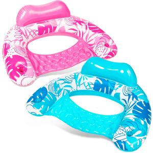 SLOOSH Inflatable Pool Floats Adult,2 Pack Pool Chairs with Cup Holders,Blow up Floats Chair,Hammock Noodle Mat Leaves Design for Relaxing Summer Water Fun Swimming Party Beach (Blue,Pink)