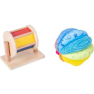Montessori Baby Toys Play Kit Montessori Mirror Peekaboo Knob Puzzle, Medium Spinning Drum and Rainbow Fabric Ball Kit Toys for6-12Months Toddlers (Play Kit 3)