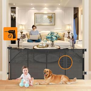 80 No Drill Baby Gate with Support Rod to Prevent Bottom Escape Retractable Pet Gates for Doorways No Drilling Mesh Baby Gates Extra Wide Retractable Dog Gate for Stairs No Drilling Child Safety Gate (Black)