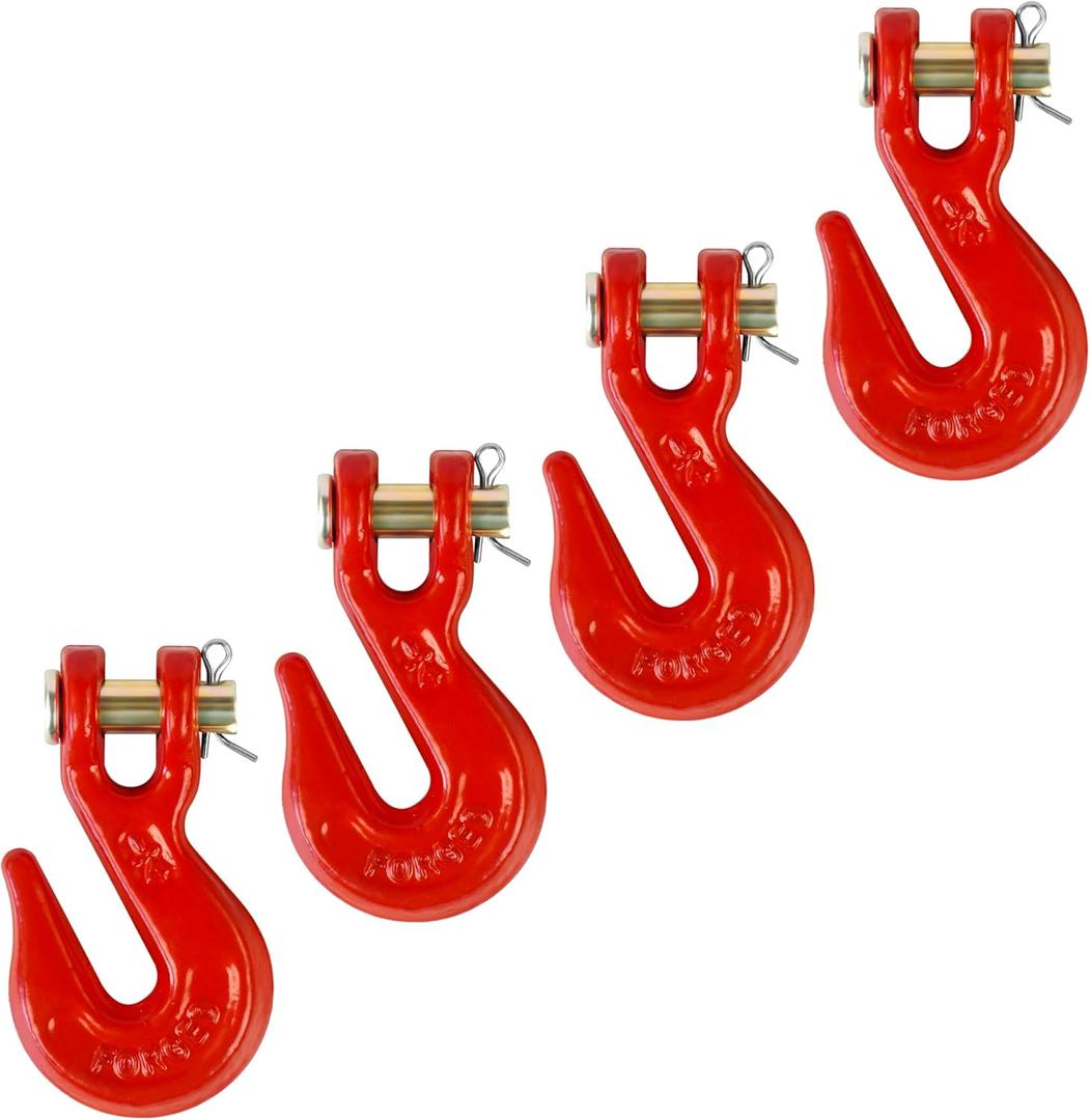1/4" Clevis Grab Hooks 4 Pack  Heavy Duty G70 Hooks for 1/4" Chain, Red Powder Coated Forged Steel, for Truck, Trailer, Flatbed, Tow, Farm Use  3,600 lbs WLL