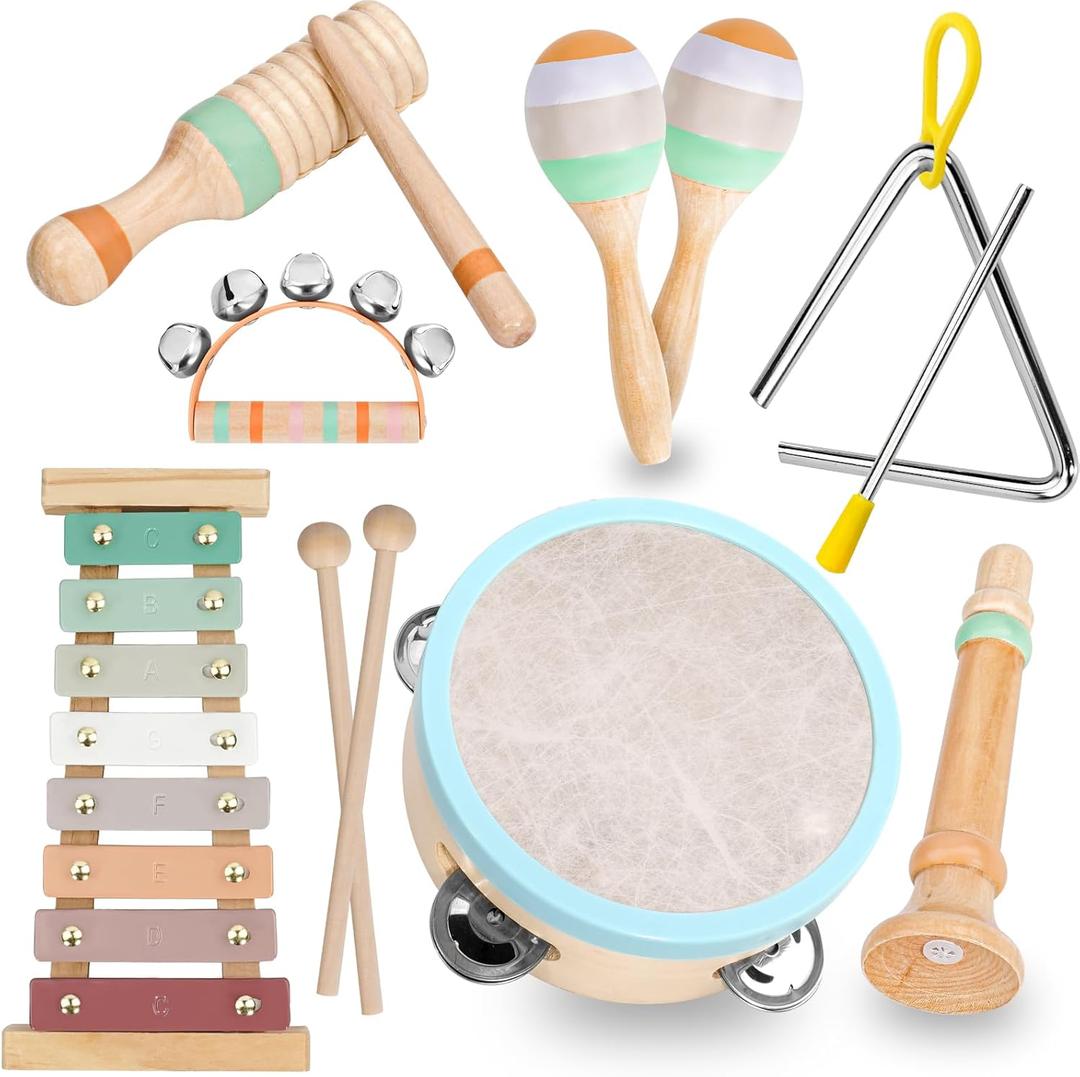 Raimy Kids Musical Instruments Set - Neutral Colors Wooden Montessori Toys Percussion Music Modern Boho Xylophone Birthday Gifts for 1 2 3 Year Old Baby Toddlers Boys Girls 3+ with Storage Bag