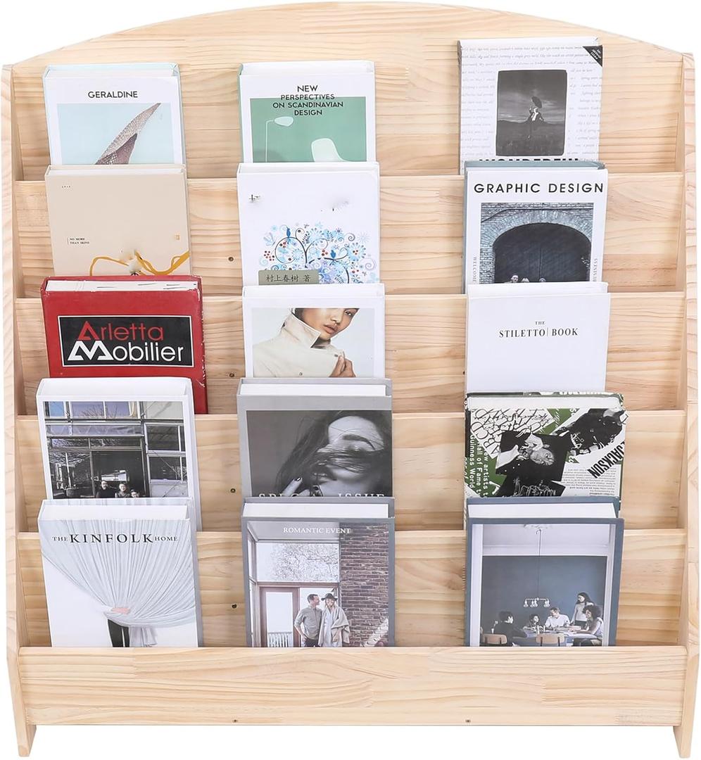 Montessori Toddler Book Shelf Organizer Single Sided Book Rack Display with Toy Storage, Children Baby Classroom Bookshelf, Kids Room bookcases cabinets & Shelves Natural Pine (31)