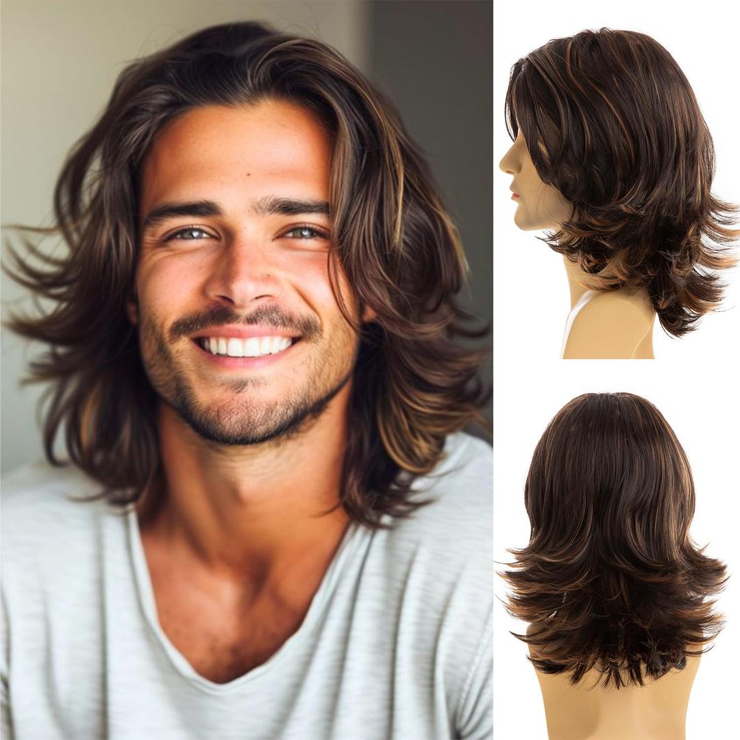 Mens Brown Wig Natural Layered Short Brown Side Part Synthetic Halloween Cosplay Costume Party Full Wigs for Male Guys