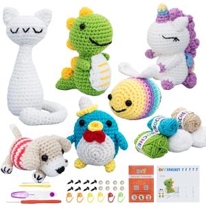 Crochet Kit for Beginners  6 PCS Crochet Animal Kit, Knitting Beginners Kids Kit with Step by Step Videos, Yarn, Crochet Hook, Great Birthday Holiday Gift (Knitting Kit 2)