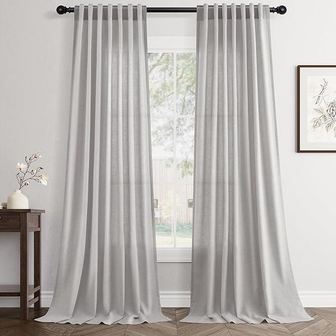 Linen Greyish White Curtains 84 inches Long for Bedroom Back Tab Privacy Light Filtering Semi Sheer Greyish White Boho Curtain Textured Modern Elegant Coastal Decor Curtains for Living Room