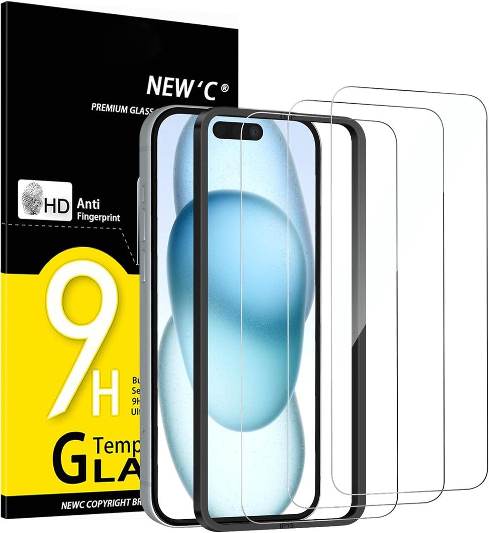 NEW'C 3 Pack Designed for iPhone 16, iPhone 15 Screen Protector (6.1 inches),Enhanced Tempered Glass Protection with Easy Installation Tool Included,Ultra Resistant (Transparent)