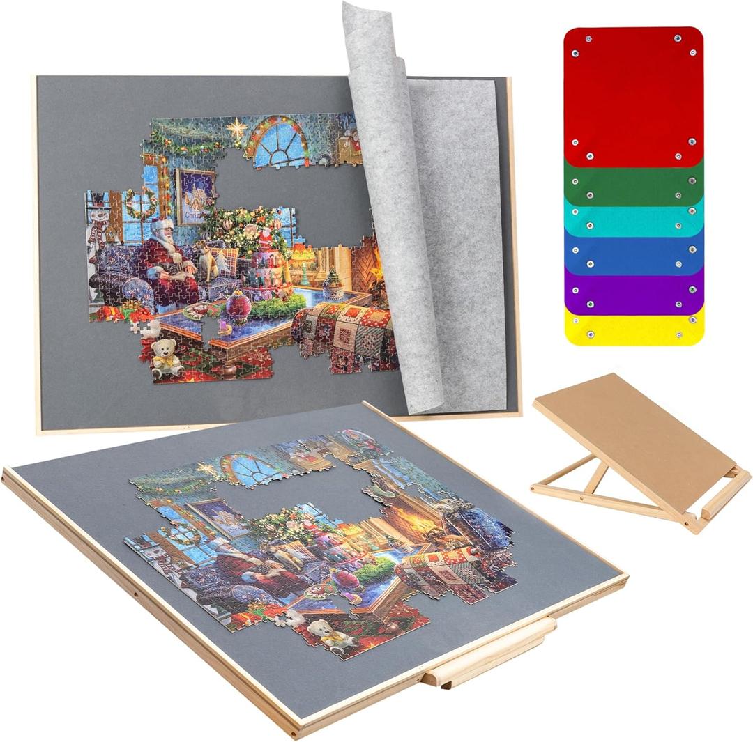 Sancallie 1500 Pieces Jigsaw Board with Drawers & Bracket Set/Wooden Tilting Puzzle Board Kit with 6 Sorting Trays Gray Felt Mat Cover - with Puzzle Board for Storing Jigsaw Puzzles