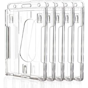 Teskyer Hard Plastic Badge Holder, Clear ID Badge Name Card Holder with Easy Access Thumb Slot, Holding 2 Cards, Vertical Style, 5 Pack