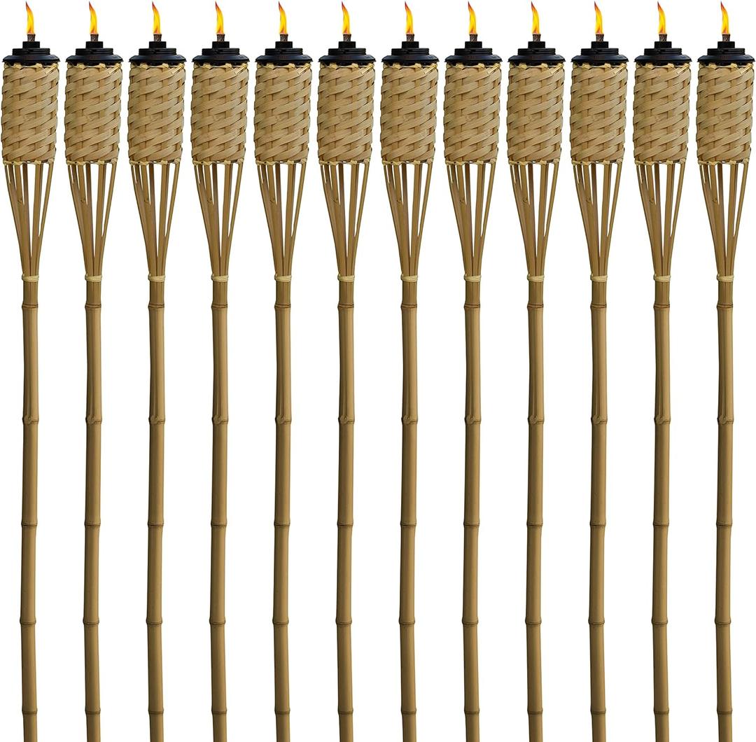 TIKI Bamboo Tiki Torches 12-Pack Weather-Resistant Outdoor Dcor with Easy-Pour Wide-Mouth Canister Refill for Patio, Garden, Backyard, and Parties, 57-Inch Citronella Torches