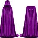Velvet Hooded Cloak for Adults Full-Length Medieval Cape with Oversized Hood for Halloween Cosplay Gothic Wizard (Purple, L)