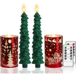 Hinabichan Christmas Tree Shaped Flameless Candlesticks Battery Operated with Remote and Timer, Set of 4 Real Wax Candles Warm Color Flickering Light for Xmas Decoration Gift (Red)