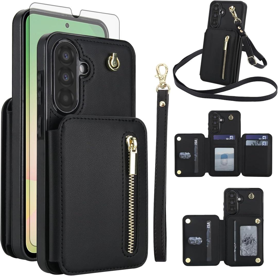Asuwish Phone Case for Samsung Galaxy A26 5G RFID Wallet Cell Zipper Cover with Tempered Glass Screen Protector Crossbody Strap Credit Card Holder Slot Stand A 26 26A LTE Women Men Girls Black