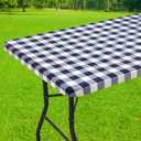 Smiry Rectangle Picnic Table Cloth, Elastic Waterproof Fitted Vinyl Tablecloths, Flannel Backed Buffalo Plaid Table Covers for Dining, Camping, Outdoor (White and Navy, 30" x 48")