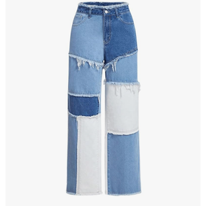 WDIRARA Women's Color Block Patchwork Jeans Raw Trim Zipper Fly Straight Leg Denim Pants, S