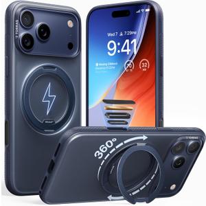 TORRAS 360 Magnetic Stand for iPhone 17 Pro Case, Ostand 3.0 [Fit for MagSafe][4X Mil-Grade Shockproof] Rotatable Kickstand Protective Cover, Camera Control Button, Translucent Deep Blue, O3 Fitness