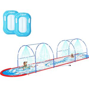 23FT Lawn Water Slide with Dual Metal Frame & Independent Sprinkler System, Water Slide for Kids Backyard, Includes 2 Bodyboards, 6 Stakes, Air Pump, Outdoor Water Toy Summer Lawn Games
