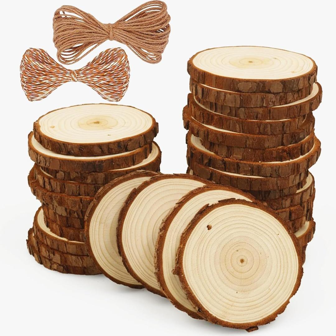 Natural Wood Slices 30 Pcs 2.4-2.8 Inches Craft Unfinished Wood Kit Predrilled Wooden Rounds with Bark, Wood Circles with Hole, Wood Slices for Crafts Ideal for DIY Projects, Christmas Ornaments