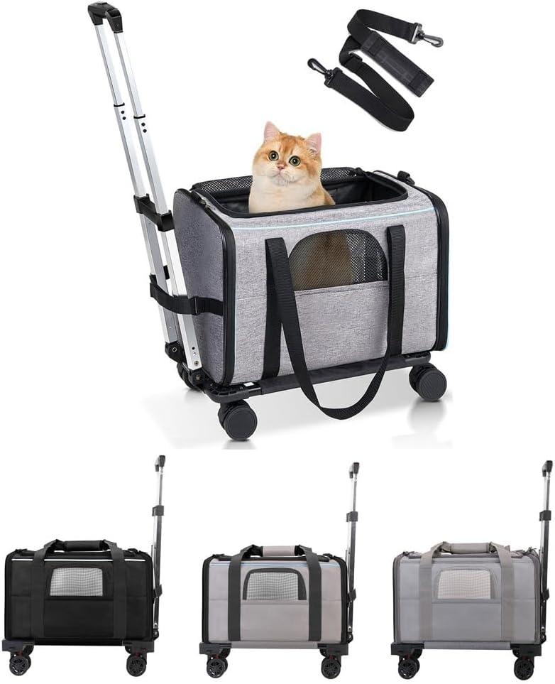 Pet Trolley Bag, Detachable Rolling Carrier for Small Dogs Cats Portable Pet Travel with Telescopic Handle and Shoulder Strap, for Airplane Car (Black with White Edges)