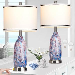 26" Coastal Glass Table Lamps Set of 2,Nautical lamp with USB A+C Ports & AC Outlet,Bule Bedside Lamps with 3-Way Dimmable Touch Control Night Light for Bedroom Living Room(Bulbs Included)