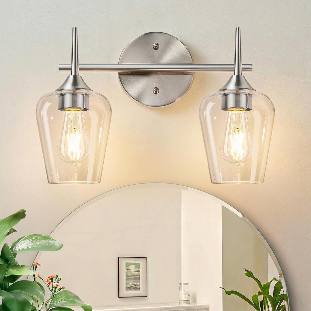 MOKATNG 2-Light Bathroom Light Fixtures, Brushed Nickel Vanity Lights for Bathroom with Clear Glass, Bathroom Lighting Fixtures Over Mirror, Modern Wall lamp for Cabinet Hallway