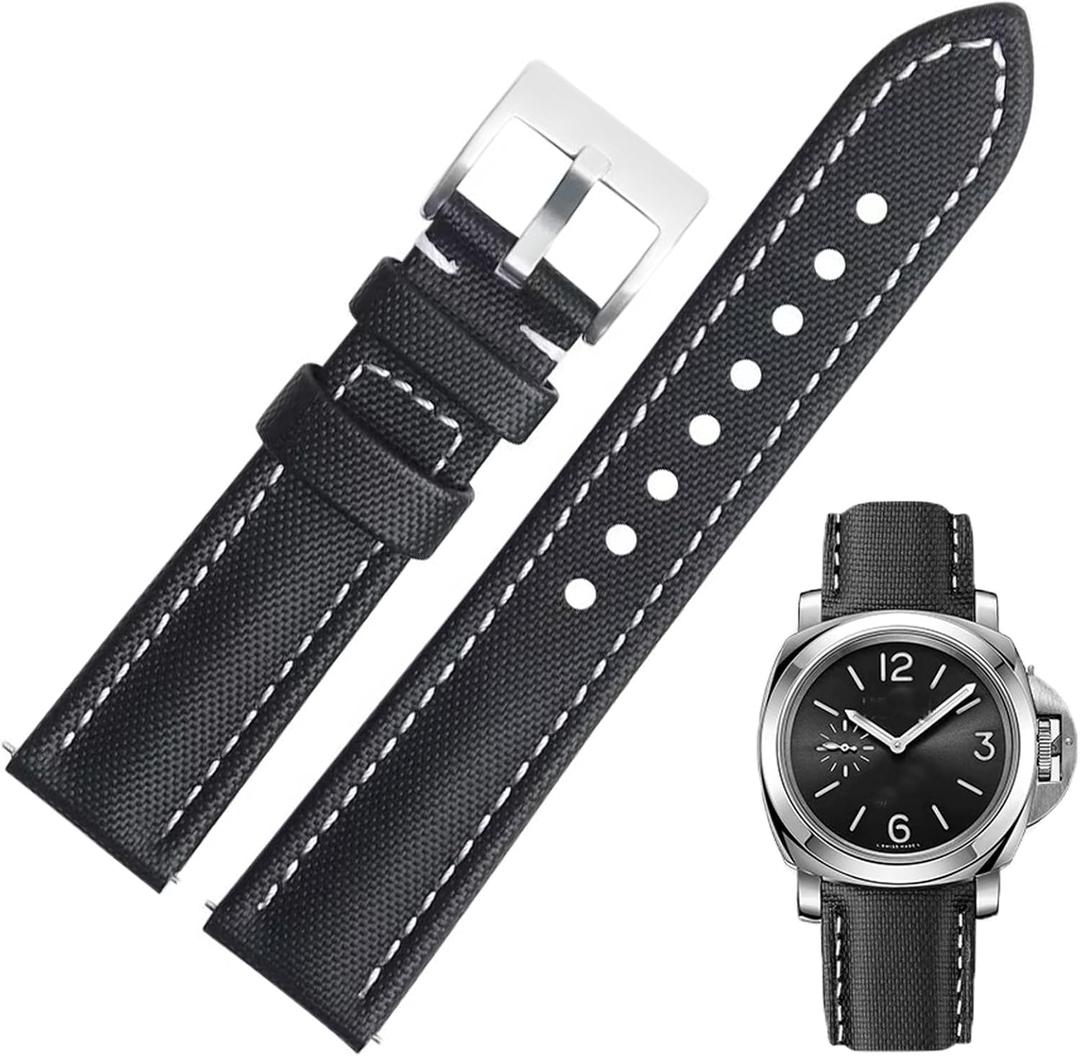 Nylon Leather Watch Band Quick Release Waterproof Resistant Oxford Fabric Durable Hybrid Premium Nylon Fiber Genuine Leather Universal Replacement Strap 18mm 19mm 20mm 21mm 22mm for Men Women (Black White Line)