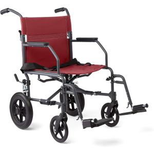 Medline Basic Steel Transport Chair - Full-Length Arms, Swing-Away Footrests, 12" Wheels - Gray/Burgundy - Durable & Convenient Mobility Aid (Red)
