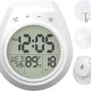Shower Clock with Timer Waterproof, Digital Bathroom Clock with Countdown, Temperature, Date, Week, Second, Suction Cup, Wall Hanging, for Mirror, Pool, Bath, Kitchen, Battery Operated, White