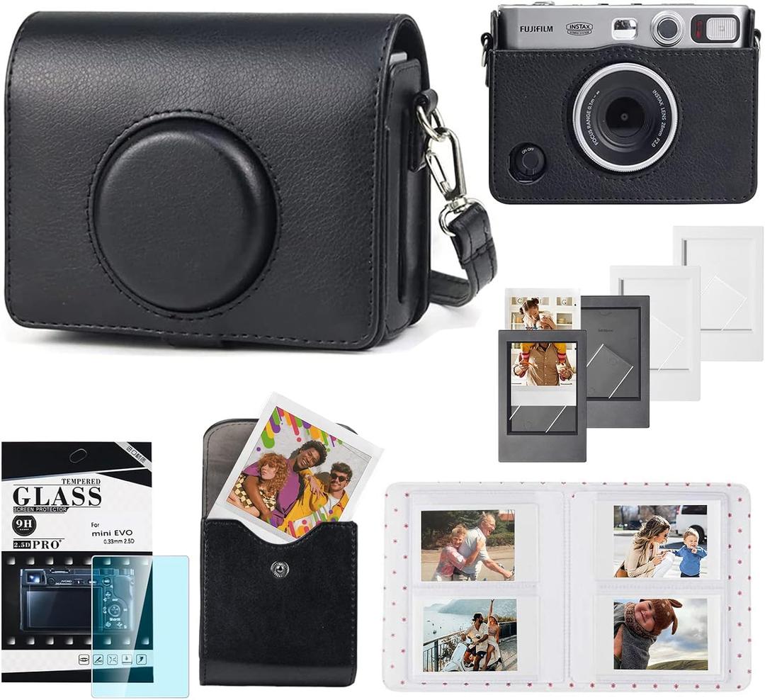 CAIYOULE Camera Case for Fujifilm Instax Mini EVO, Fuji Mini EVO Case Bag with Photo Pouch, Album, Frames, Screen Protector Accessories Kit - Vintage Black