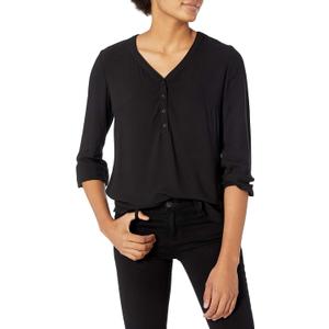 Amazon Essentials womens 3/4 Sleeve Button Popover Shirt, Loose-Fit V-Neck Blouse (X-Large, Black)