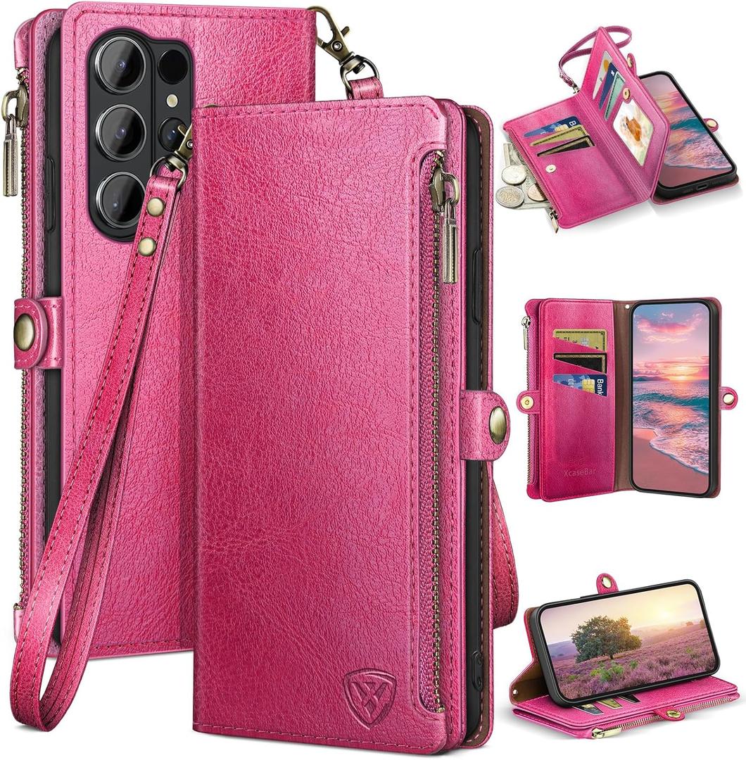 XcaseBar compatible with Samsung Galaxy S26 Ultra Wallet case with Zipper Credit Card HolderRFID Blocking,Flip Folio Book PU Phone case Shockproof Cover Women Men for Samsung S26Ultra case Rose Red