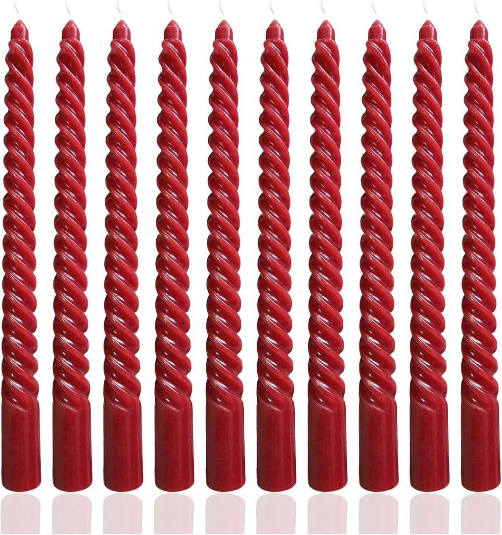 10 Inch Red Spiral Taper Candle Set, 10 Pack Unscented Dripless Candlesticks for Dinner Party Wedding and Home Decoration