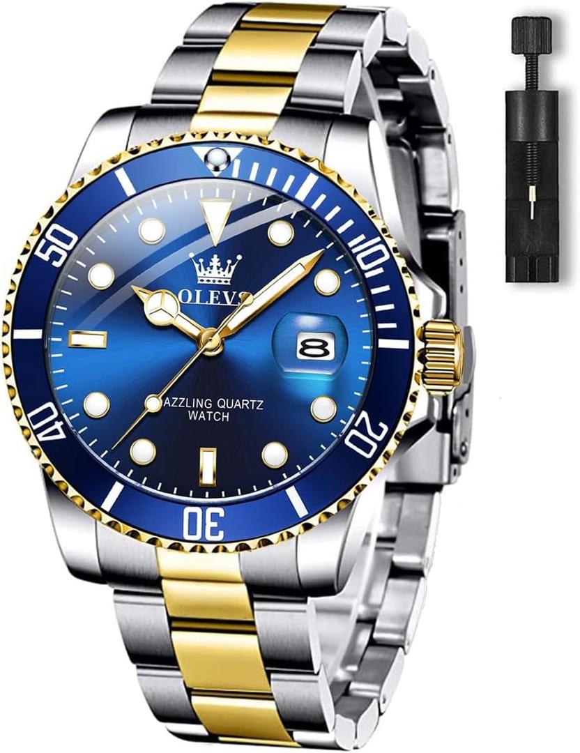 OLEVS Men's Watches with Date, Premium Gold and Silver Stainless Steel Analog Watches for Men, Classic Rotatable Bezel Men's Cuff Watches, Blue/Green/Black Dial