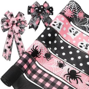 Whaline 6 Roll Halloween Wired Edge Ribbon Ghost Boo Spider Web Ribbon Pink Black Fabric Ribbons for Wreath Bow Making DIY Crafts Wrapping, 30 Yard